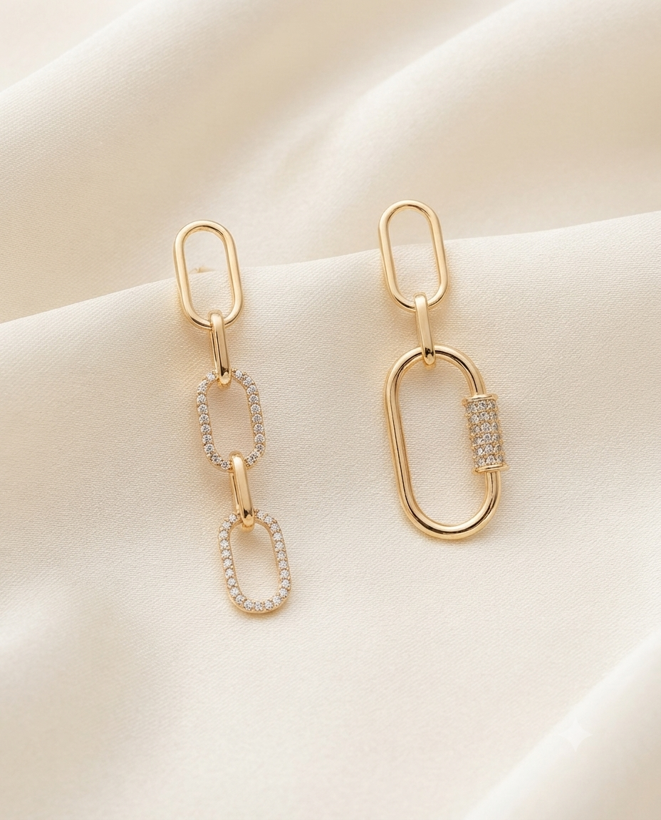 18K Gold Plated Asymmetric Chain Link & Carabiner Statement Earrings