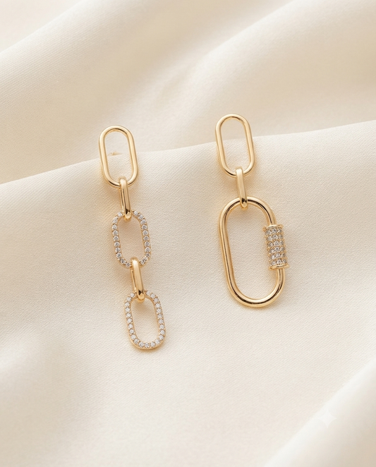 18K Gold Plated Asymmetric Chain Link & Carabiner Statement Earrings