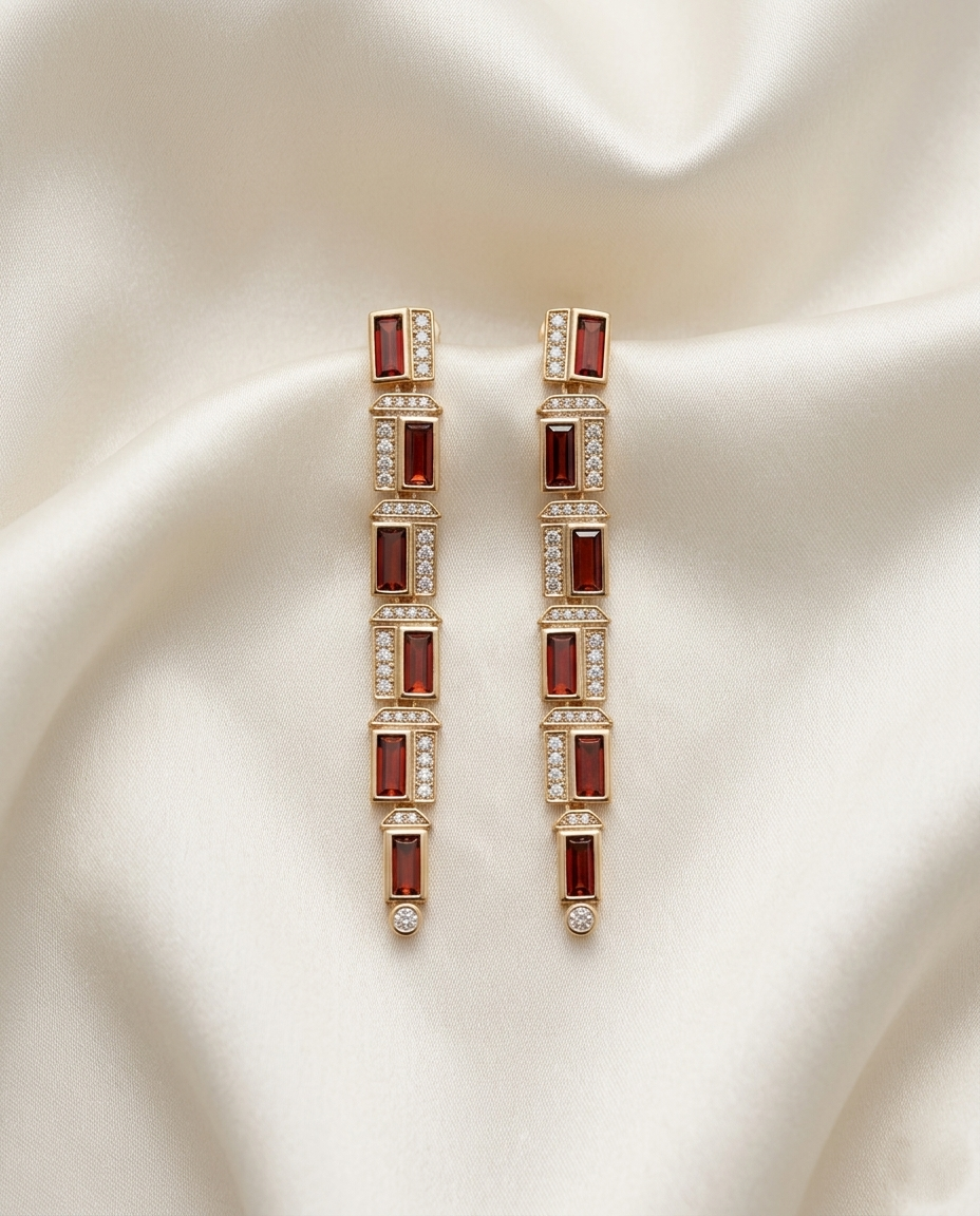 18K Gold Plated Asymmetric Linear Baguette-Cut Gemstone Statement Earrings