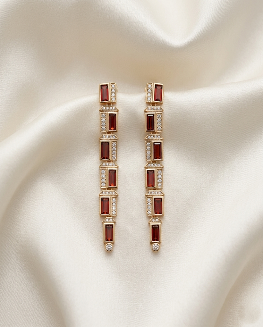 18K Gold Plated Asymmetric Linear Baguette-Cut Gemstone Statement Earrings
