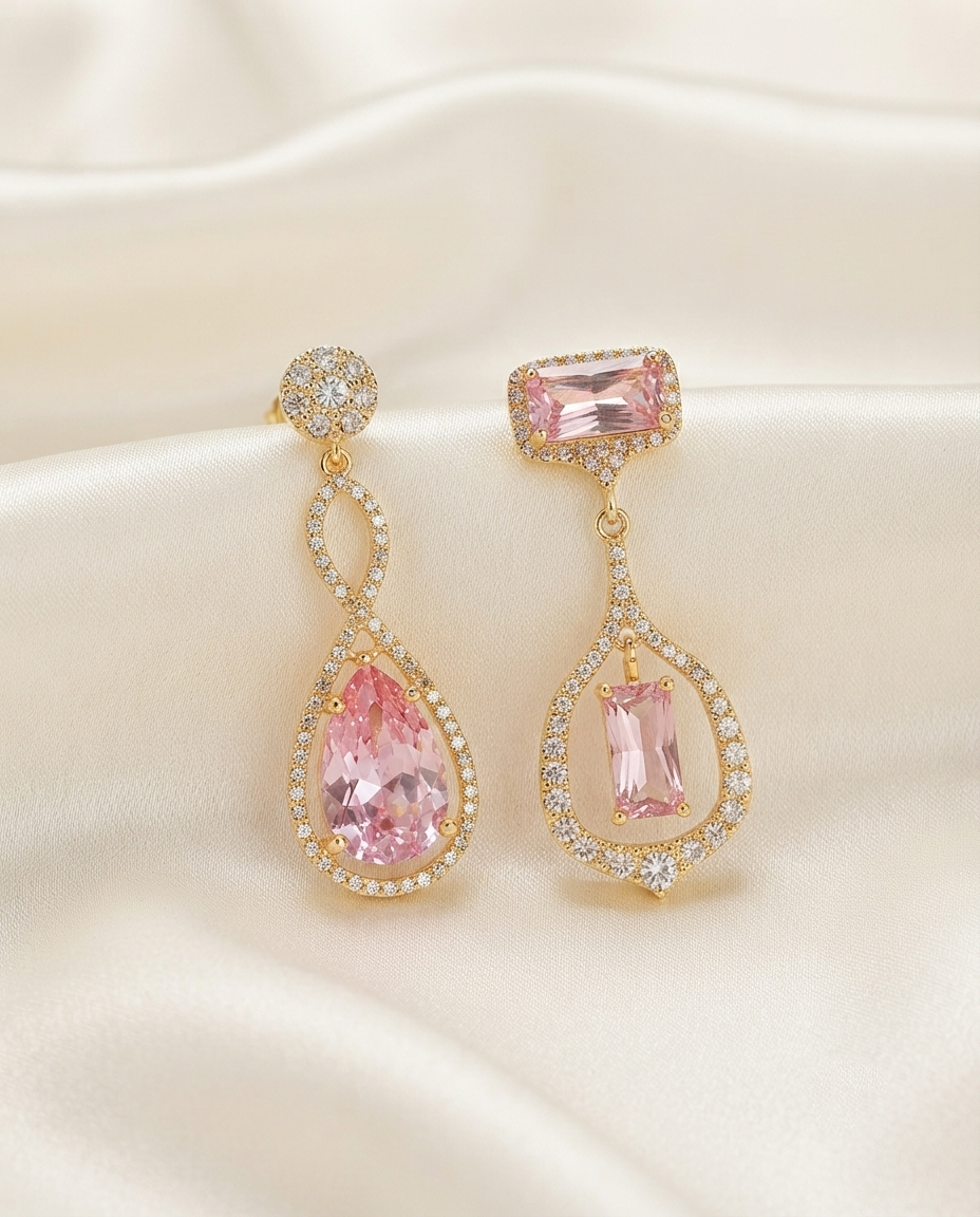 18K Gold Plated Asymmetric Pink Crystal Earrings