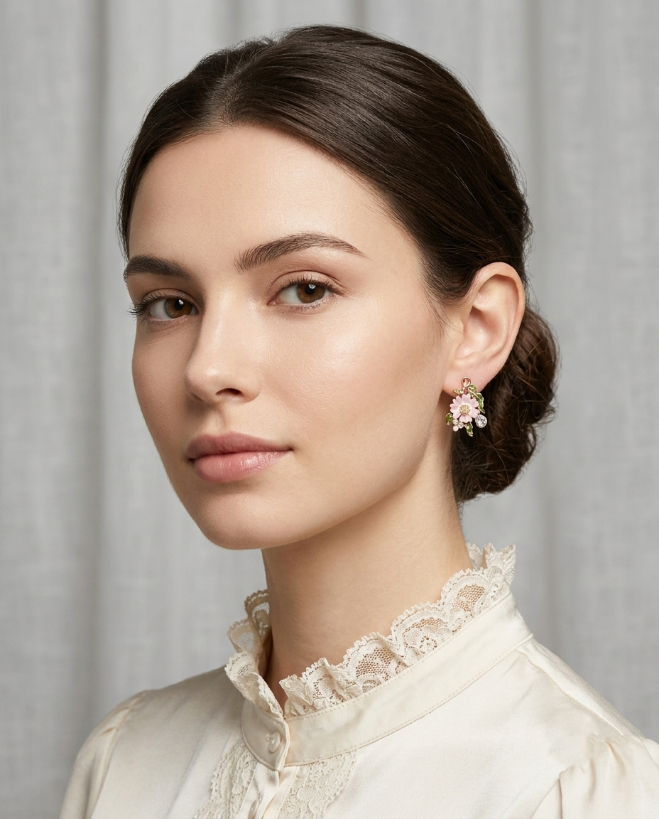 18K Gold Plated Blossom & Pearl Artisan Floral Dangle Earrings - Pink
