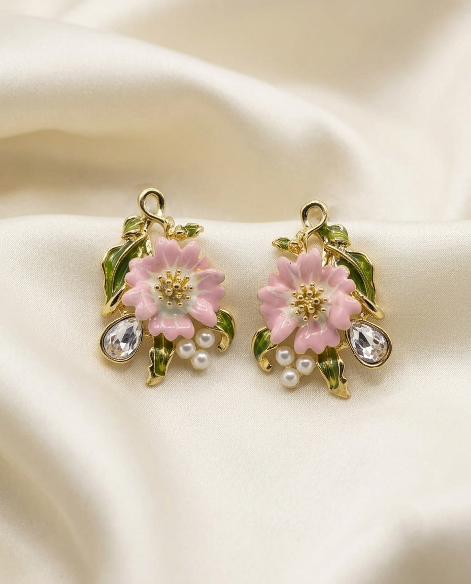 18K Gold Plated Blossom & Pearl Artisan Floral Dangle Earrings - Pink