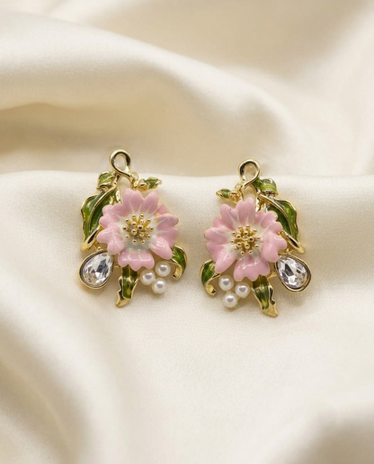 18K Gold Plated Blossom & Pearl Artisan Floral Dangle Earrings - Pink