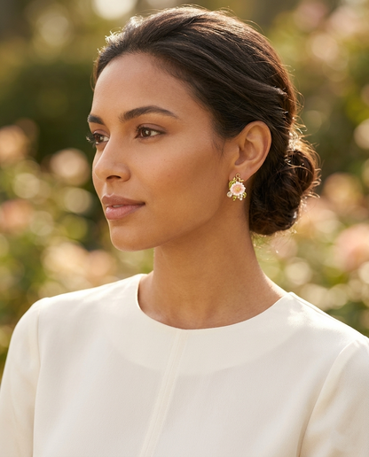 18K Gold Plated Blossom & Pearl Artisan Floral Dangle Earrings