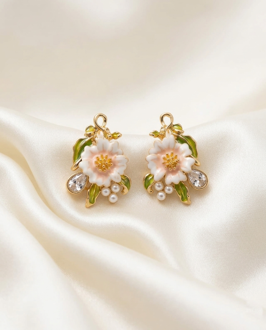 18K Gold Plated Blossom & Pearl Artisan Floral Dangle Earrings