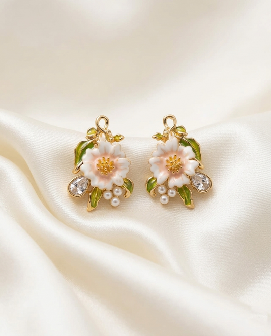 18K Gold Plated Blossom & Pearl Artisan Floral Dangle Earrings