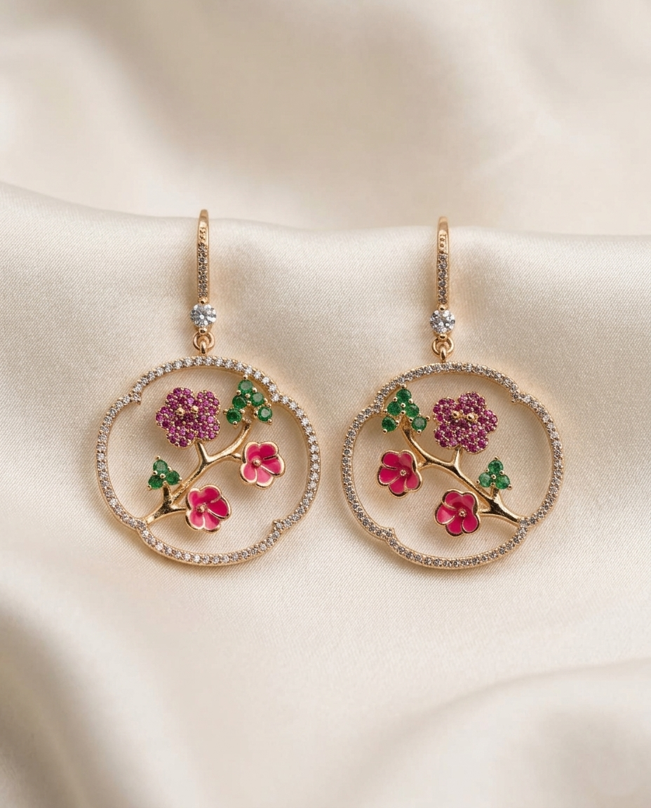 18K Gold Plated Blossoming Orchard Enamel Drop Earrings