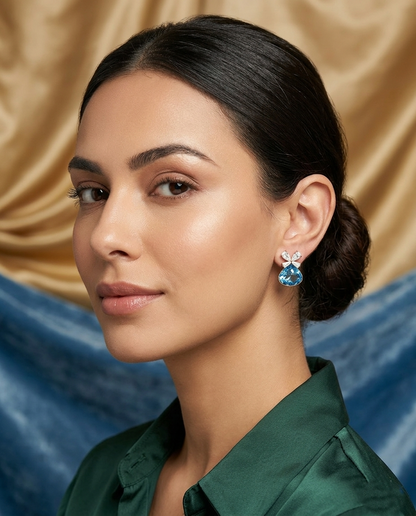 18K Gold Plated Blue Teardrop Crystal Earrings with Bow Accents