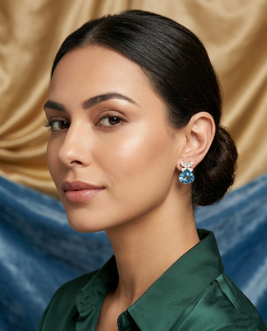 18K Gold Plated Blue Teardrop Crystal Earrings with Bow Accents