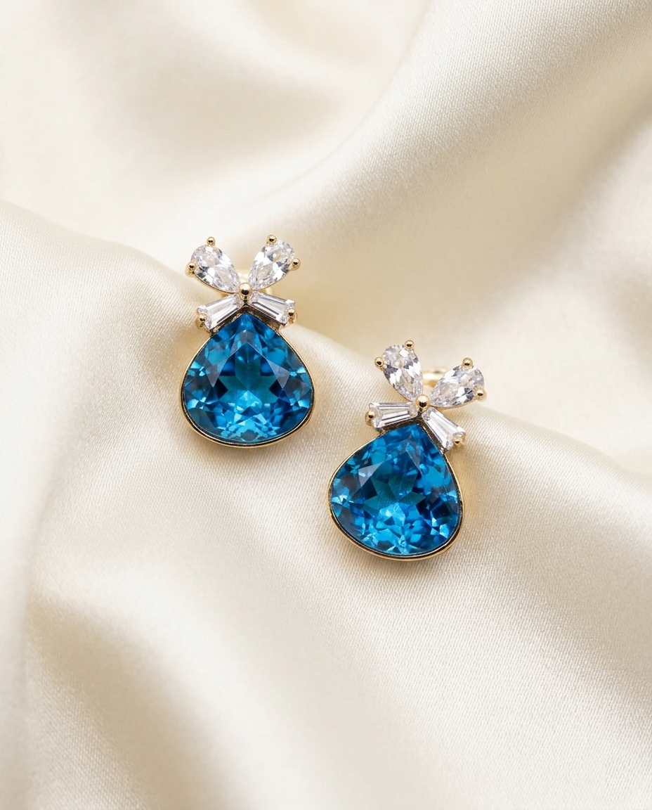 18K Gold Plated Blue Teardrop Crystal Earrings with Bow Accents