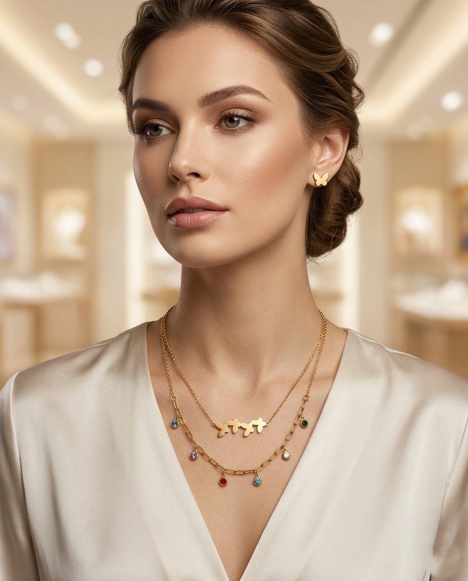 18K Gold Plated Butterfly Charm Layered Necklace & Stud Earring Set
