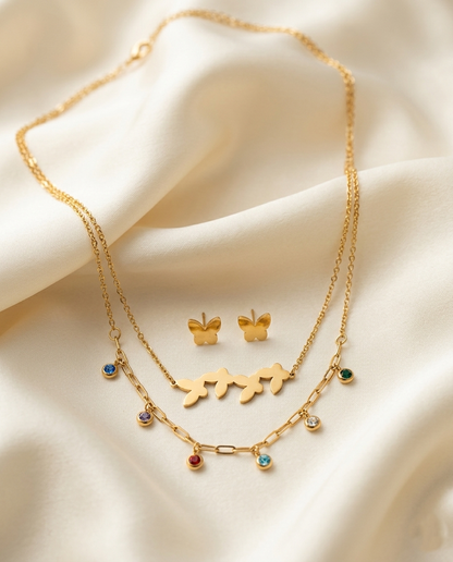 18K Gold Plated Butterfly Charm Layered Necklace & Stud Earring Set