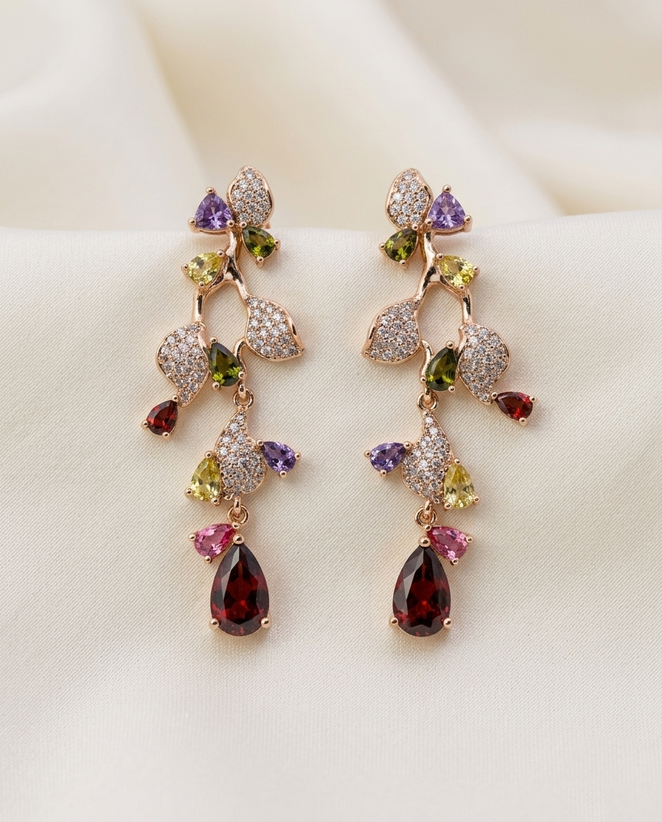 18K Gold Plated Cascading Crystal & Multi-Color Gemstone Dangle Earrings