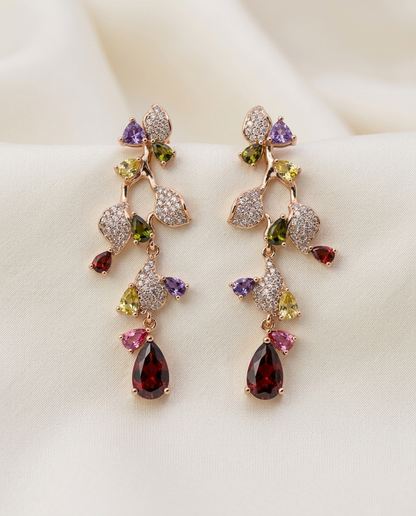 18K Gold Plated Cascading Crystal & Multi-Color Gemstone Dangle Earrings