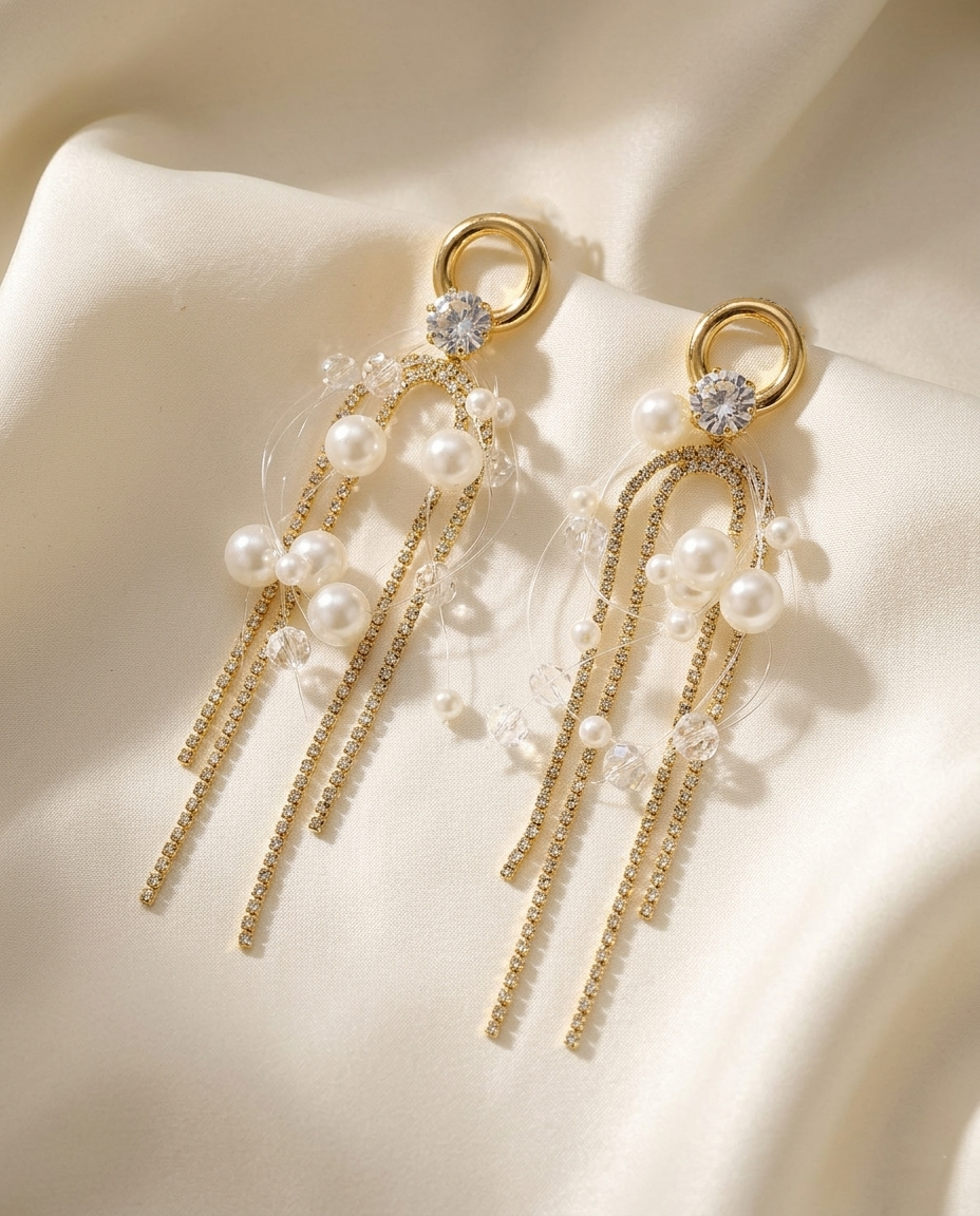 18K Gold Plated Cascading Pearl & Crystal Fringe Statement Earrings