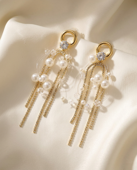 18K Gold Plated Cascading Pearl & Crystal Fringe Statement Earrings