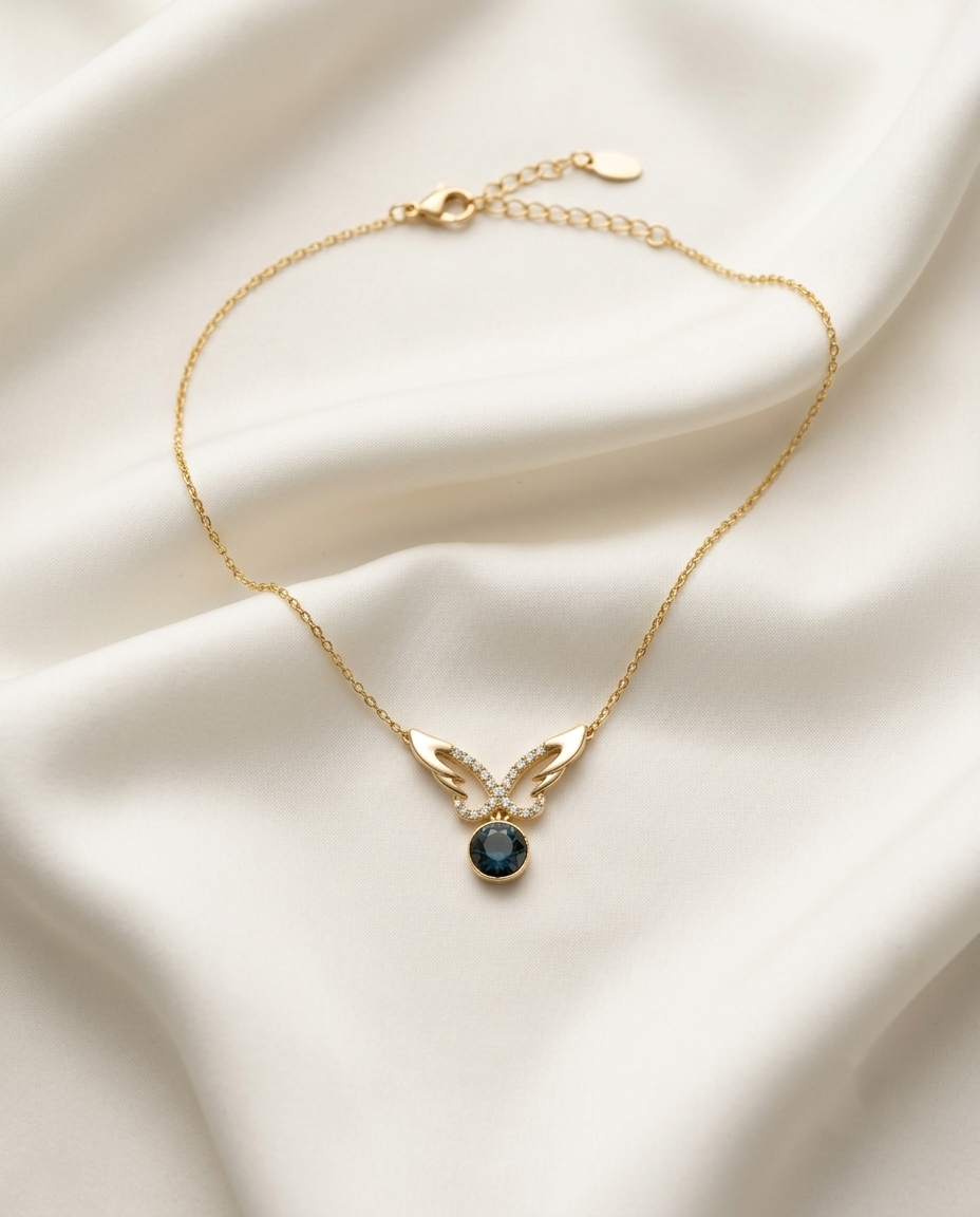 18K Gold Plated Celestial Angel Wing Sapphire Pendant Necklace