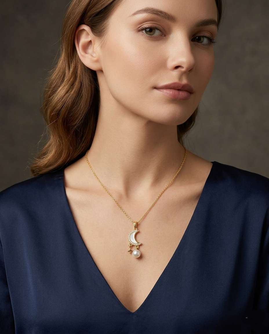 18K Gold Plated Celestial Crescent Moon & Pearl Pendant Necklace