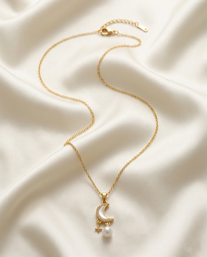 18K Gold Plated Celestial Crescent Moon & Pearl Pendant Necklace