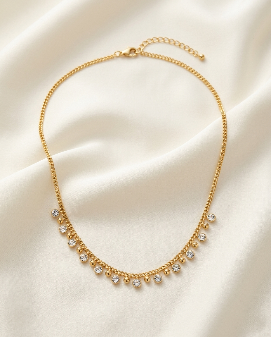 18K Gold Plated Chain Necklace with Delicate Crystal and Bead Accents