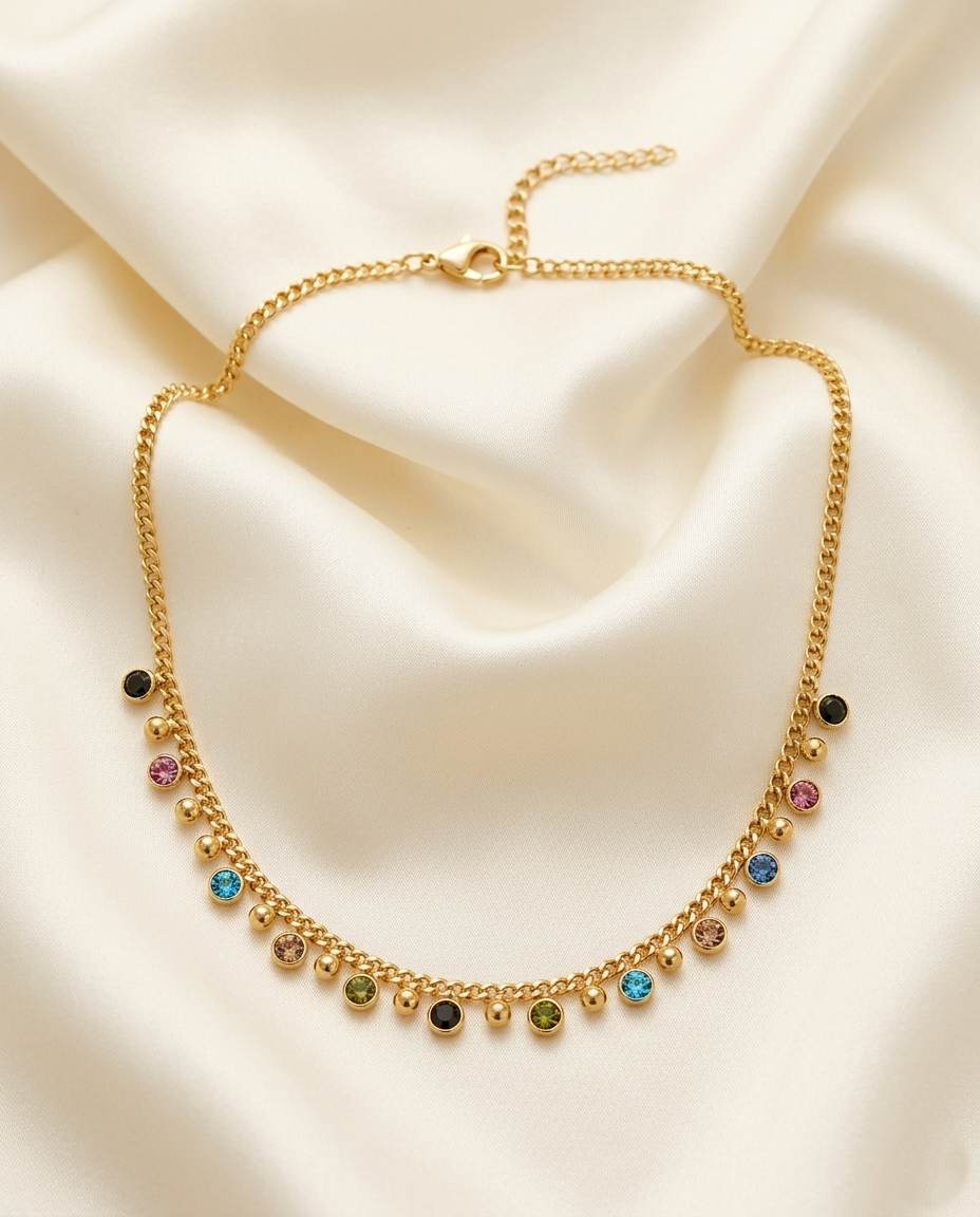 18K Gold Plated Chain Necklace with Vibrant Multicolor Crystal Accents