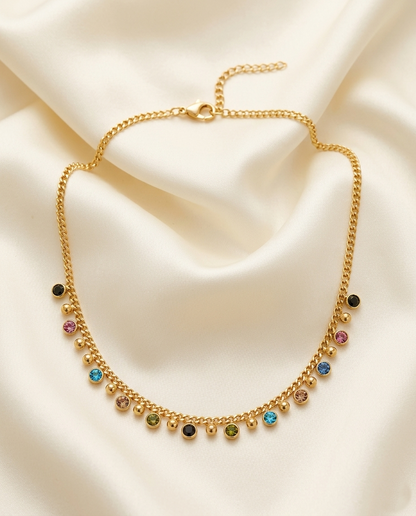 18K Gold Plated Chain Necklace with Vibrant Multicolor Crystal Accents