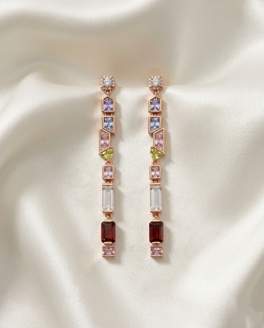 18 K Gold Plated Chroma Geometric Multi-Gemstone Linear Drop Earrings