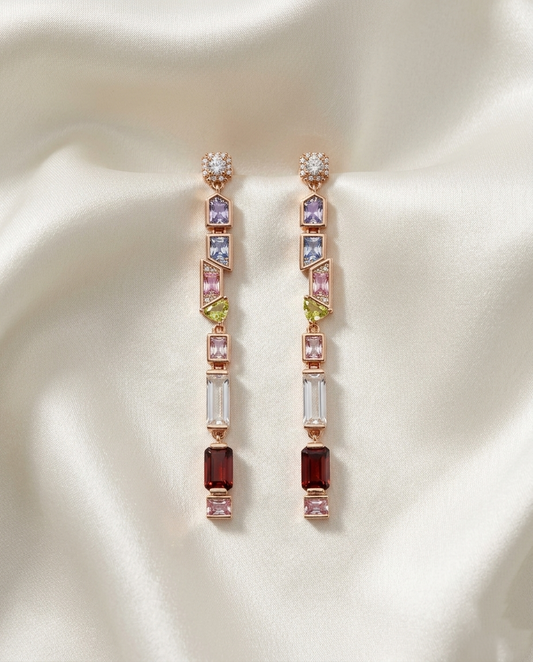 18 K Gold Plated Chroma Geometric Multi-Gemstone Linear Drop Earrings