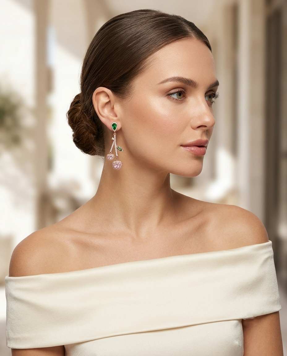 18K Gold Plated Crystal Cherry Drop Earrings - Pink