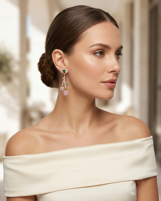 18K Gold Plated Crystal Cherry Drop Earrings - Pink