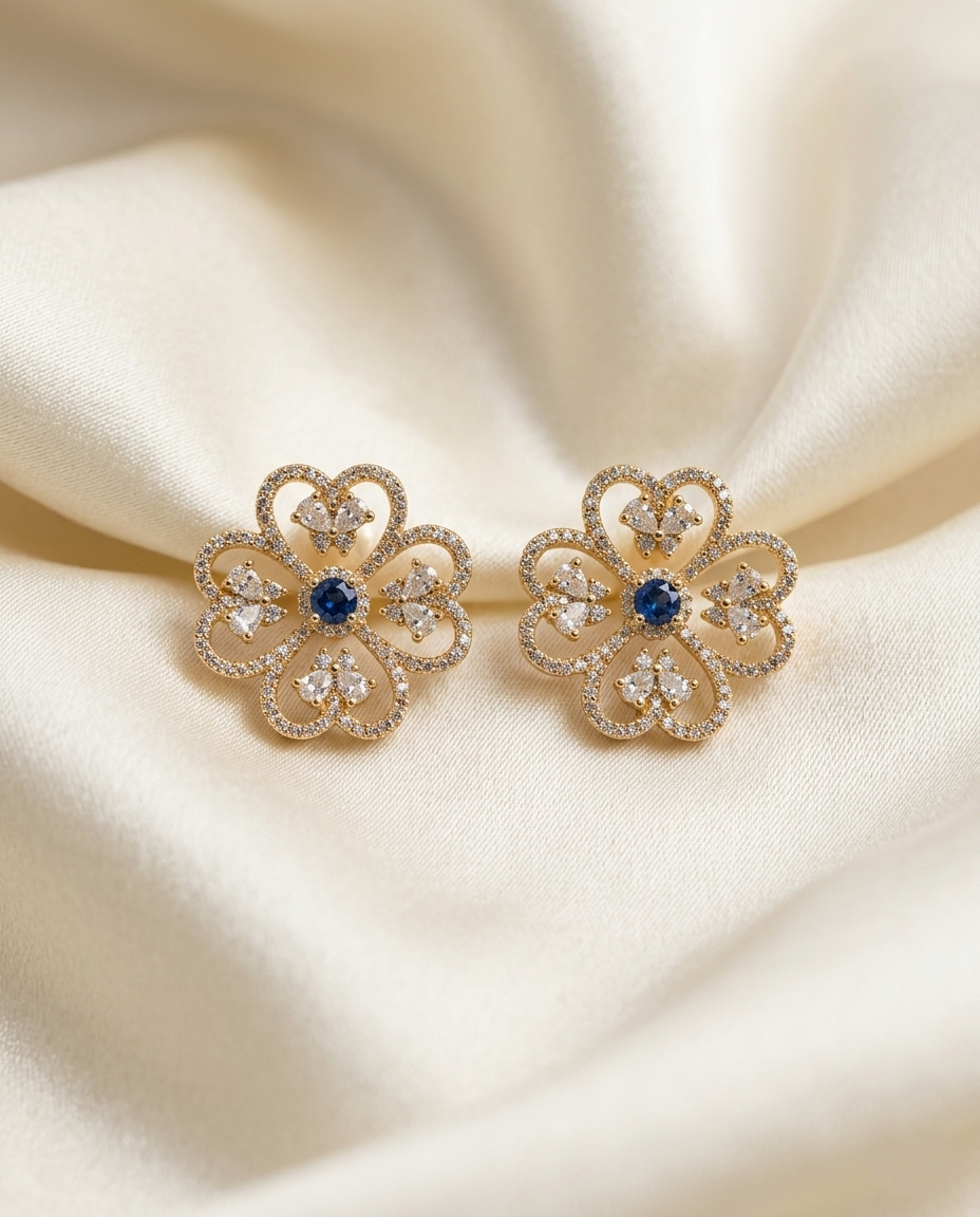 18K Gold Plated Crystal Clover Floral Stud Earrings with Blue Sapphire Centerpiece