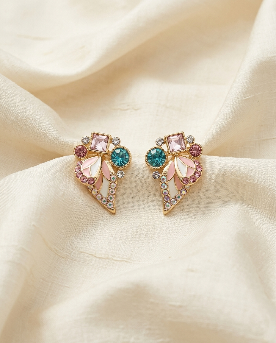 18K Gold Plated Crystal & Enamel Wing Earrings – Mirrored Botanical Design