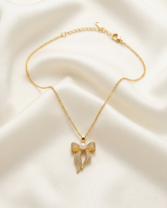 18K Gold Plated Dainty Gold Bow Pendant Necklace with Pearl & Rhinestone Accents