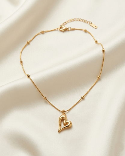 18K Gold Plated Dainty Heart Charm Necklace with Stationed Bead Chain