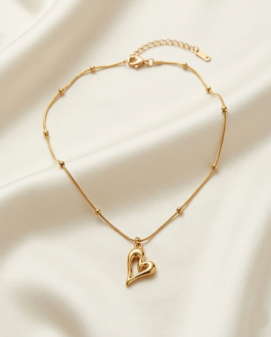 18K Gold Plated Dainty Heart Charm Necklace with Stationed Bead Chain