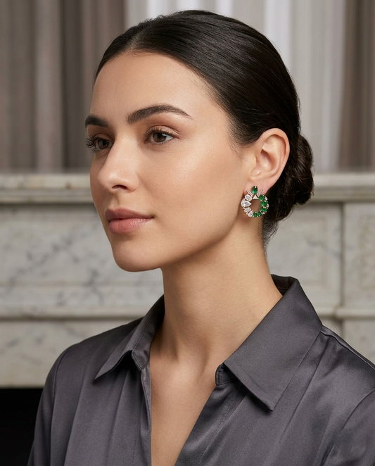 18K Gold Plated Elegance Emerald & Crystal Mirrored Hoop Earrings