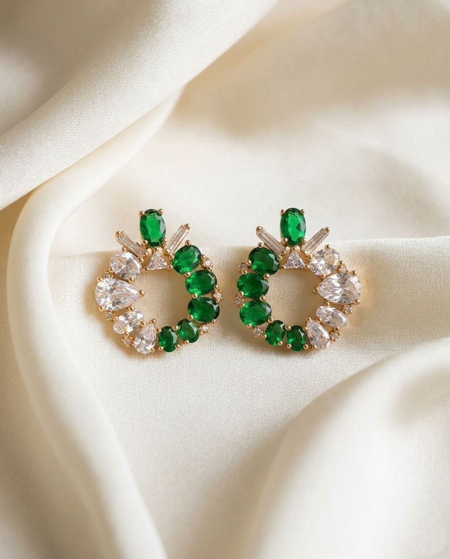 18K Gold Plated Elegance Emerald & Crystal Mirrored Hoop Earrings