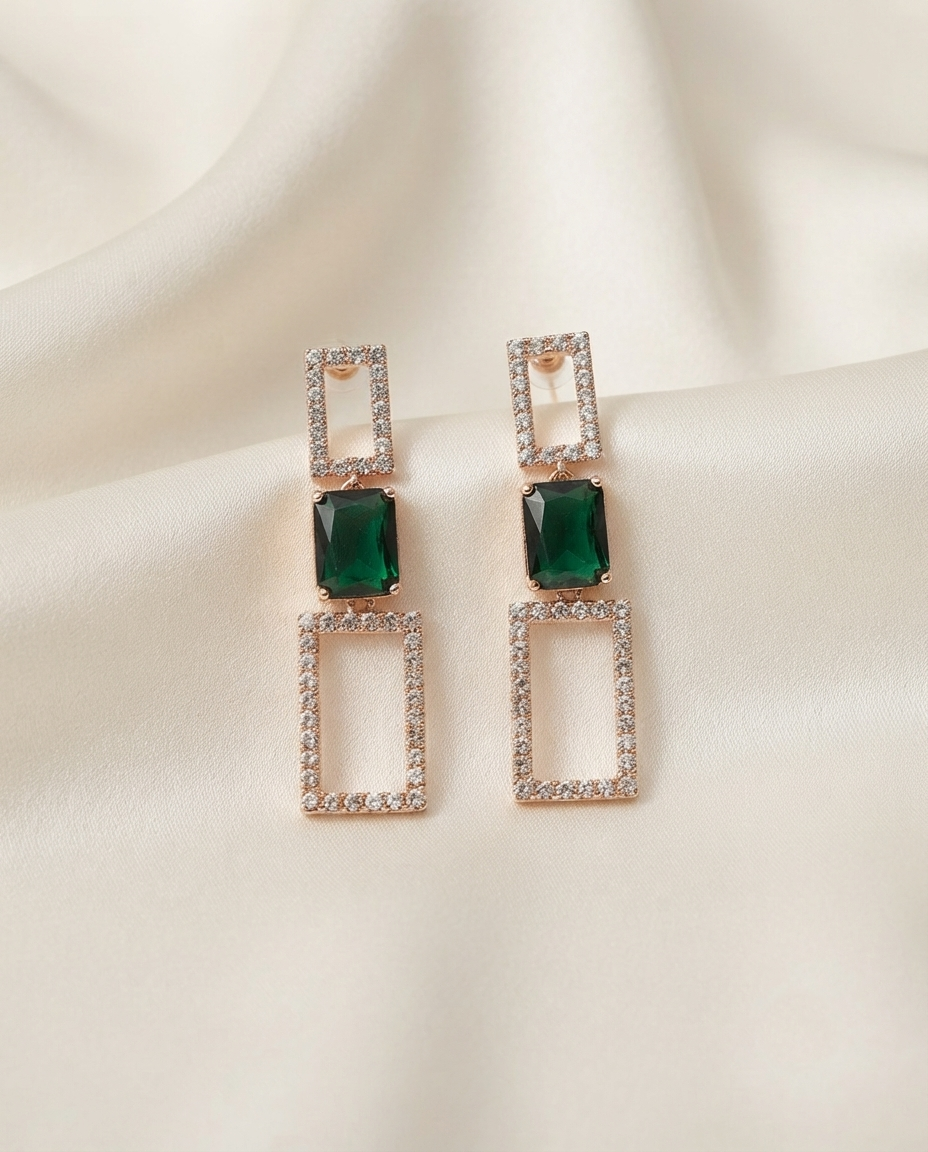18K Gold Plated Elegance Geometric Emerald Dangle Earrings