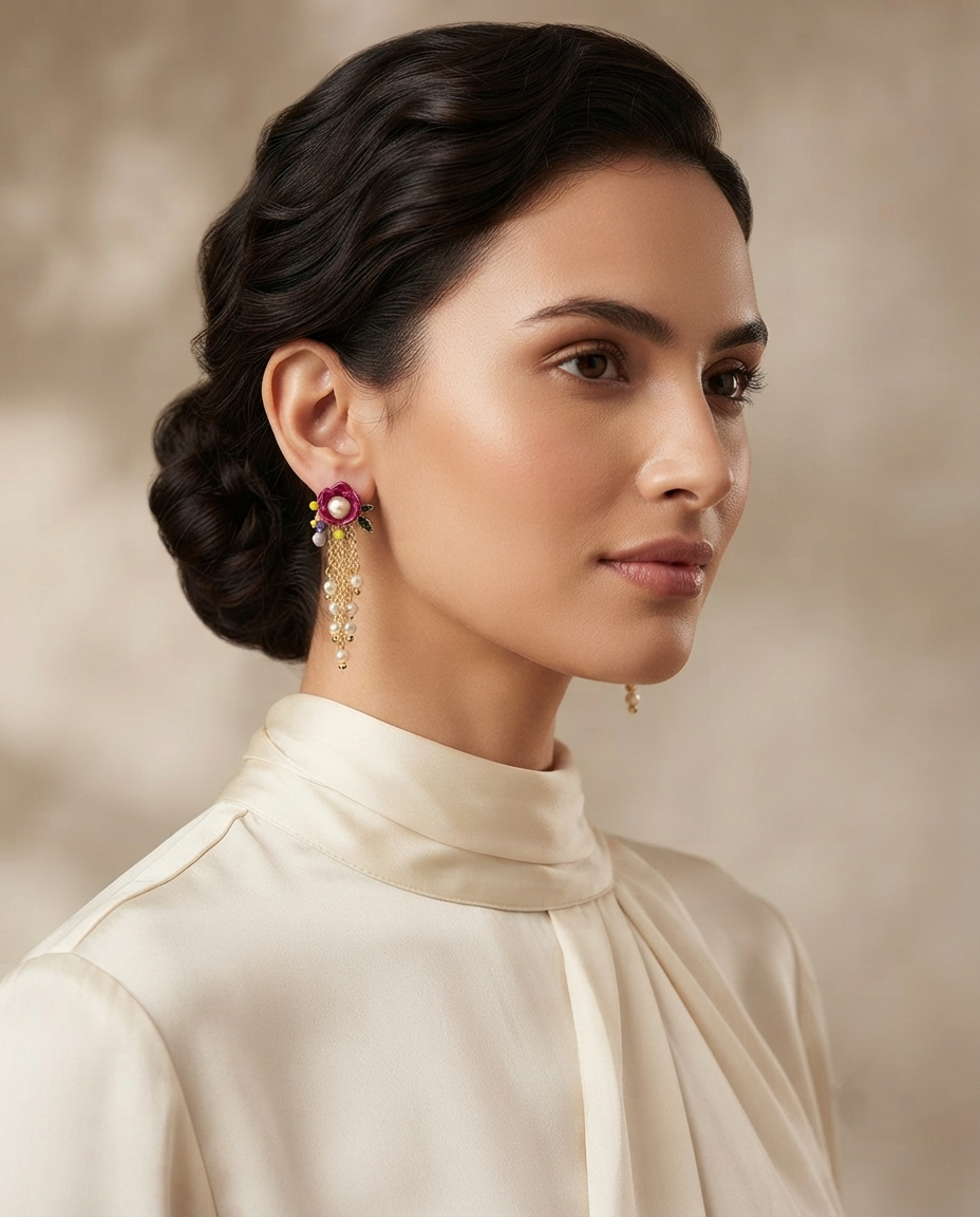 18K Gold Plated Elegant Floral Cascade Pearl Earrings