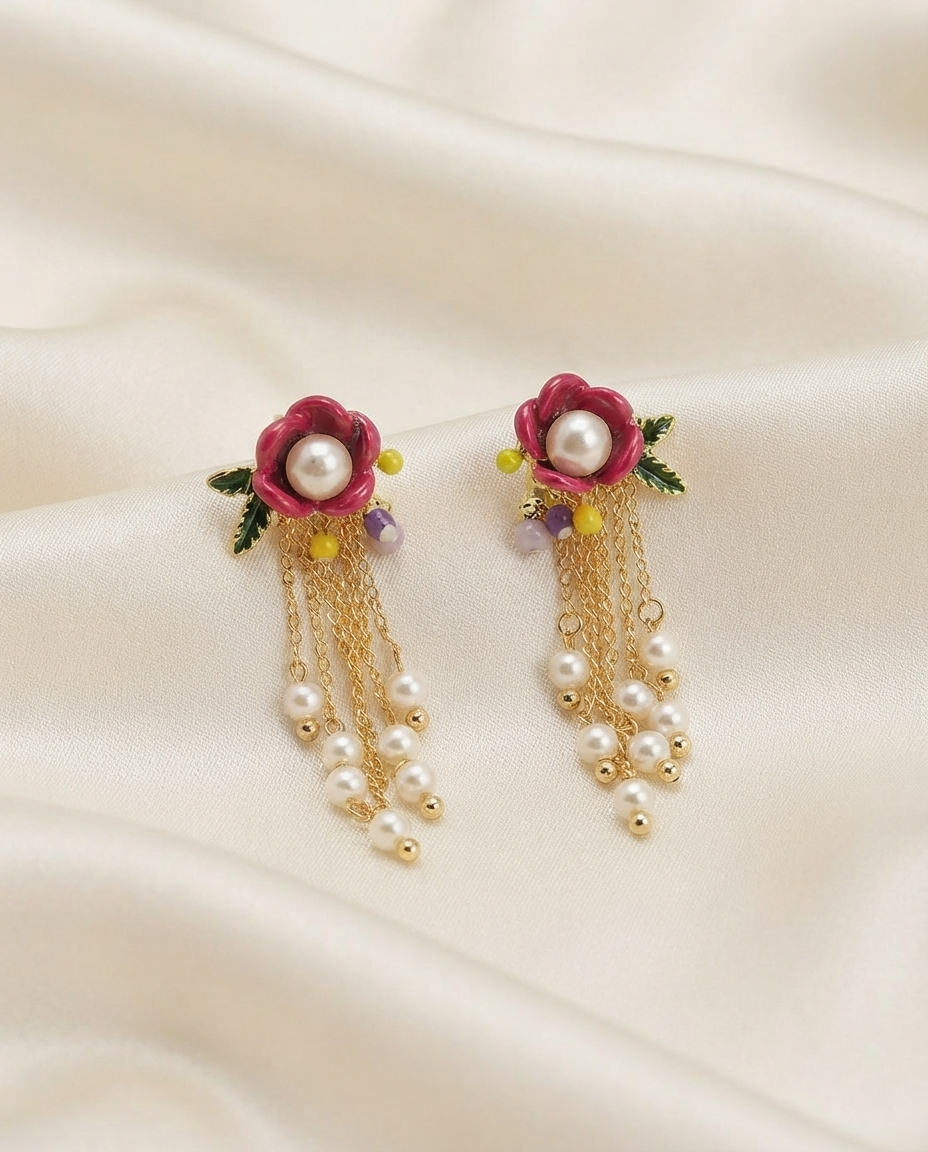 18K Gold Plated Elegant Floral Cascade Pearl Earrings