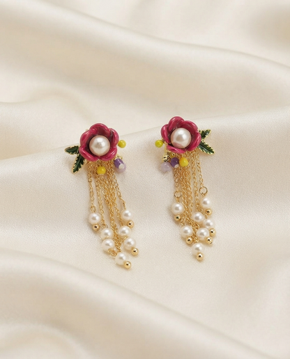 18K Gold Plated Elegant Floral Cascade Pearl Earrings