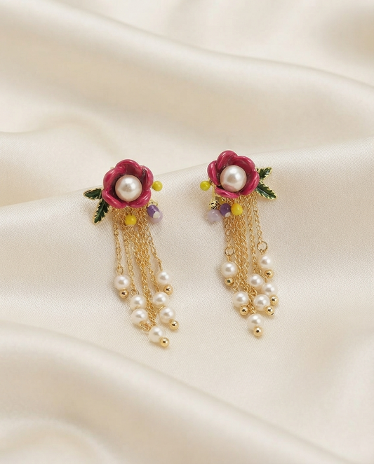 18K Gold Plated Elegant Floral Cascade Pearl Earrings