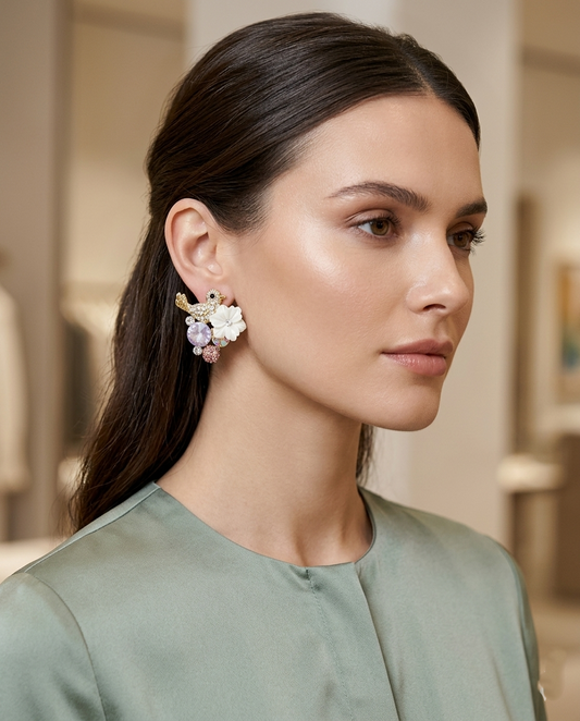 18K Gold Plated Elegant Mirrored Asymmetrical Floral Drop Earrings