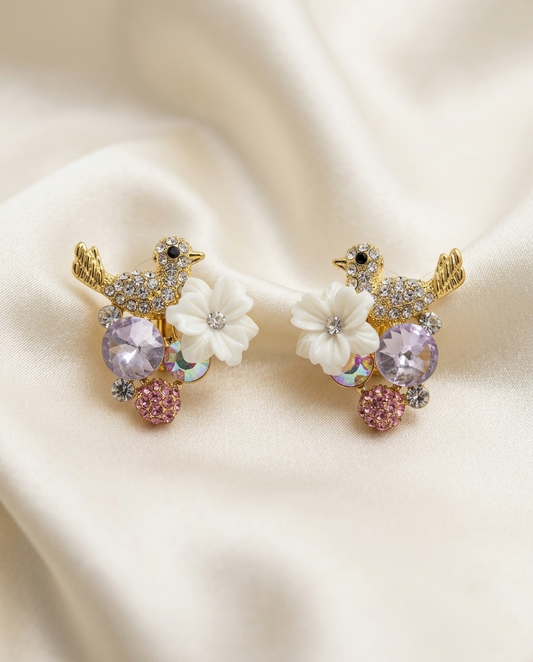 18K Gold Plated Elegant Mirrored Asymmetrical Floral Drop Earrings