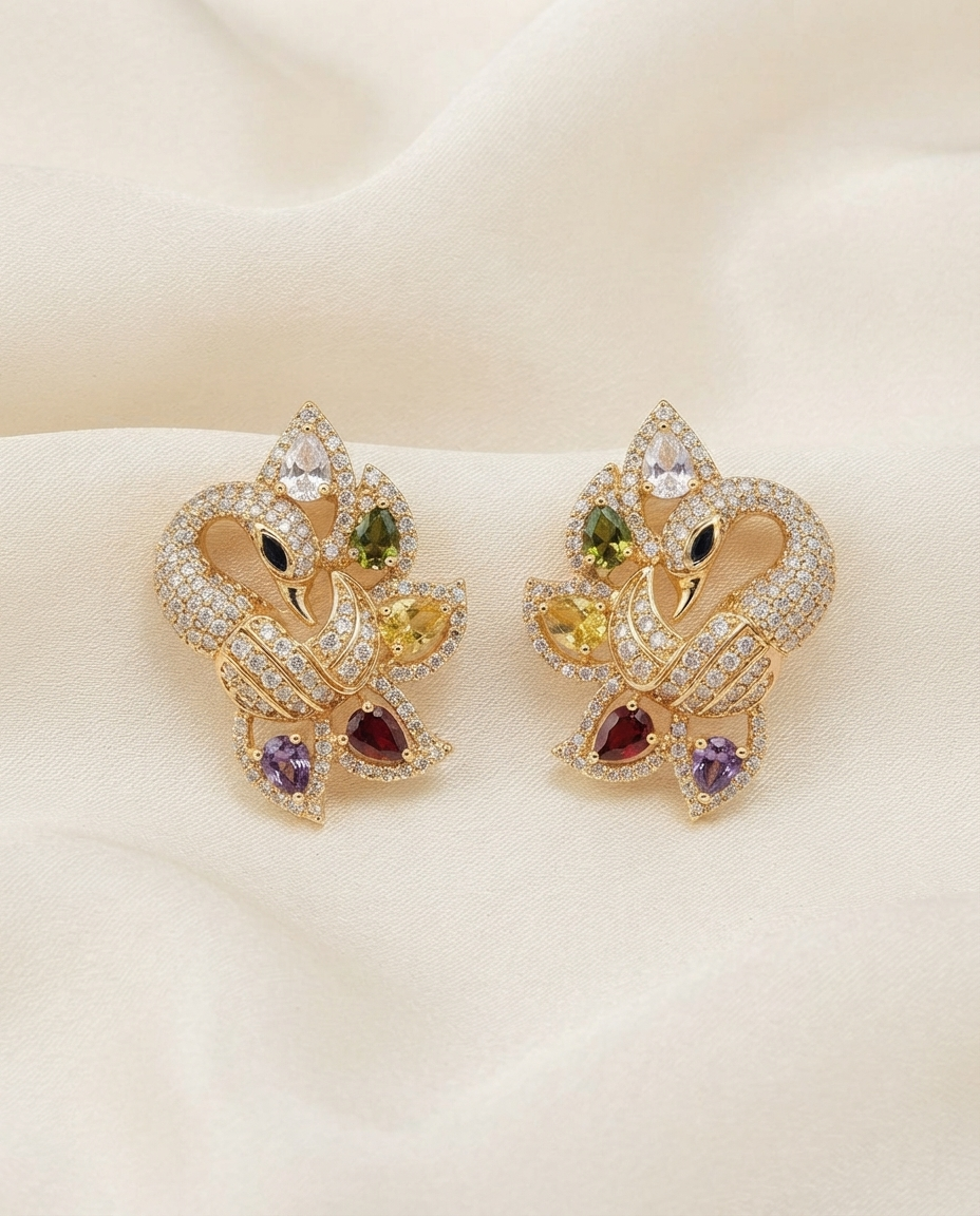 18K Gold Plated Elegant Mirrored Peacock Stud Earrings