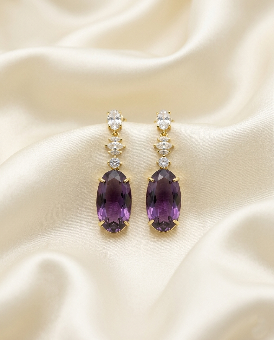 18K Gold Plated Elegant Oval Amethyst Drop Earrings with Crystal Accents