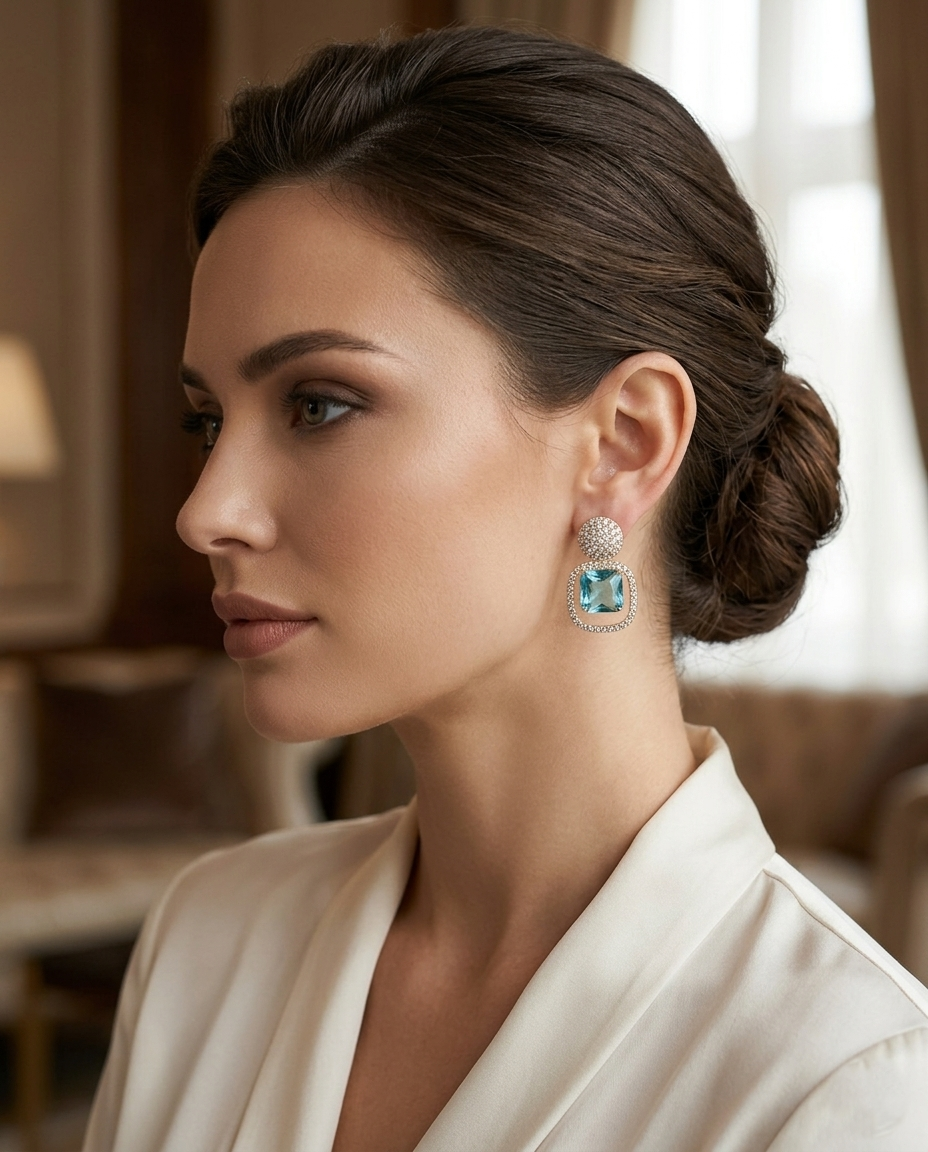 18K Gold Plated Elegant Square Blue Crystal Halo Statement Earrings