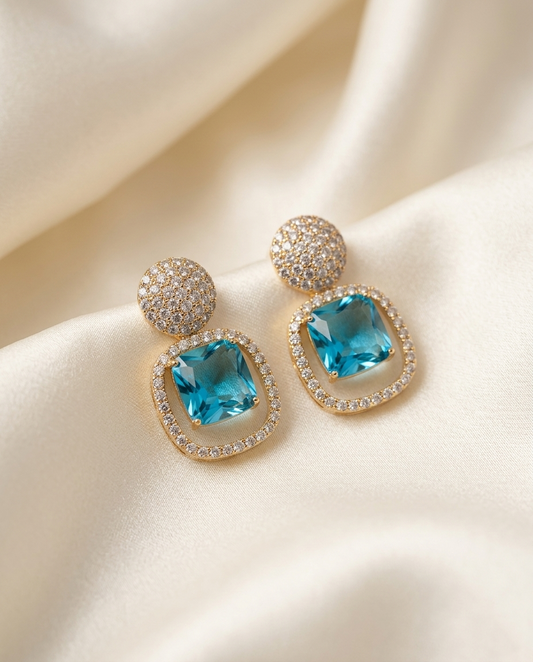 18K Gold Plated Elegant Square Blue Crystal Halo Statement Earrings