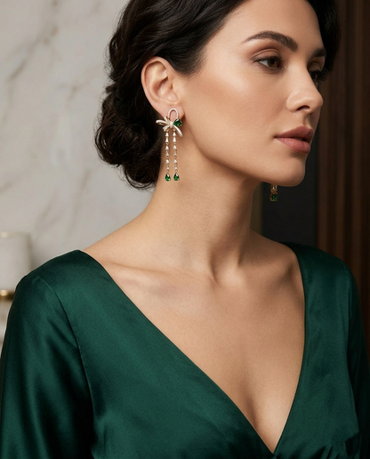 18K Gold Plated Emerald Bow Enchantment Dangle Earrings